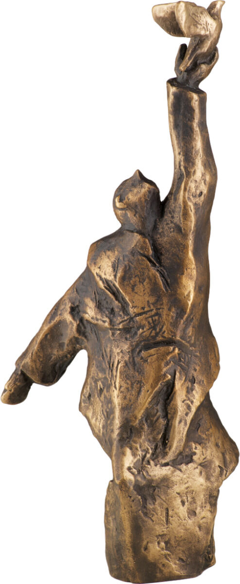 Eine abstrakte Bronze-Skulptur von Christoph Fischer mit dem Titel »Der Gedanke«, die einen nach oben gerichteten, stilisierten Menschen darstellt, der sich erhebt. Die Skulptur hat eine bräunliche Bronzeoberfläche mit dynamischen Linien und Formen.