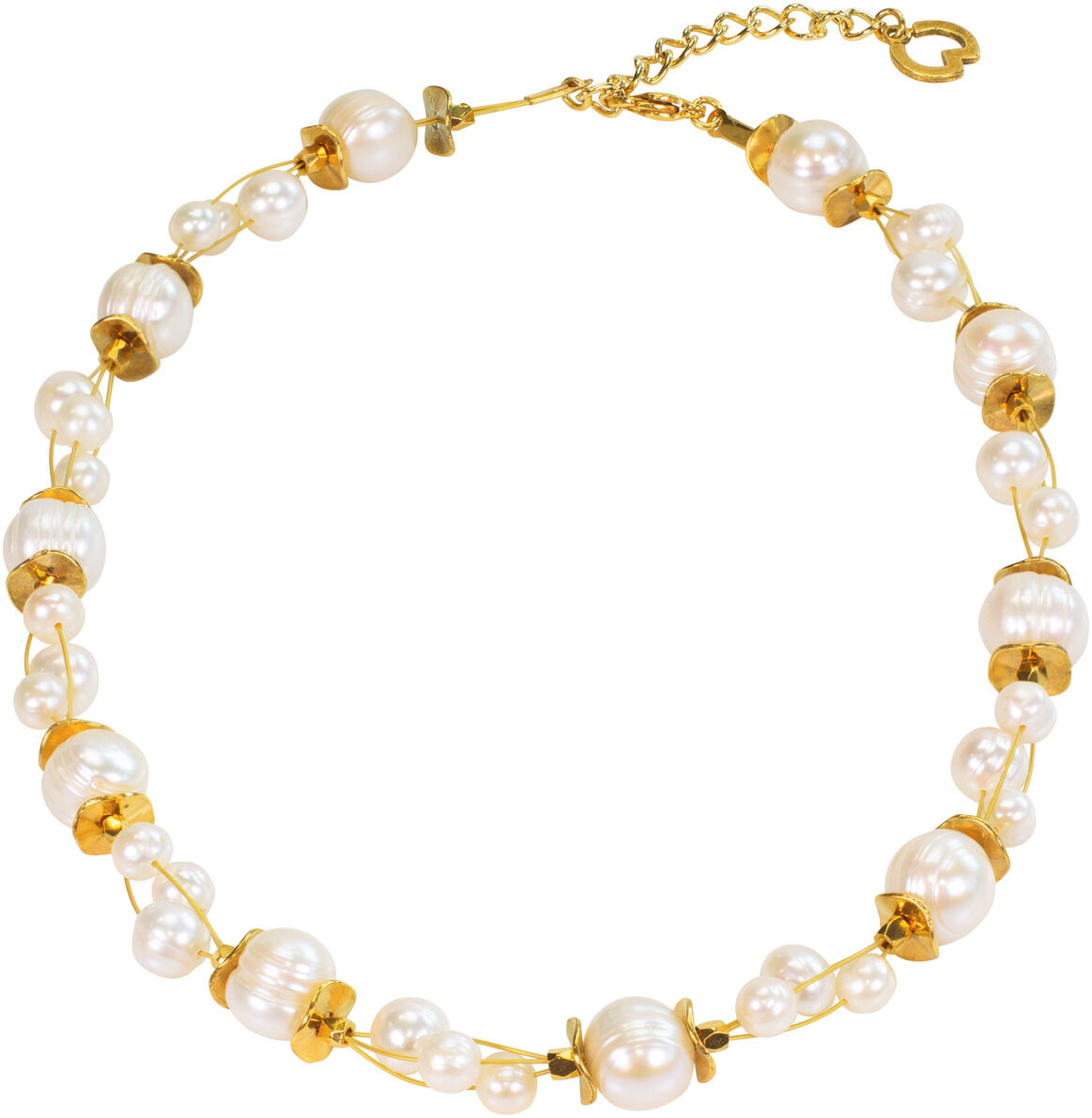 Ein elegantes Perlencollier von Petra Waszak, Modell 'Hawaii', bestehend aus weißen Perlen und goldenen Elementen.