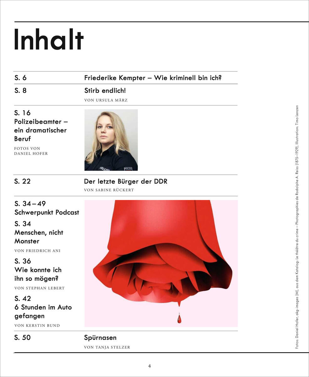 Cover der Zeitschrift 'Zeit Verbrechen' Ausgabe 4/19. Das Design zeigt eine weiße Hintergrundfarbe mit rotem Blumenmotiv und schwarzer Schrift. Enthält Artikelüberschriften und Seitenzahlen.