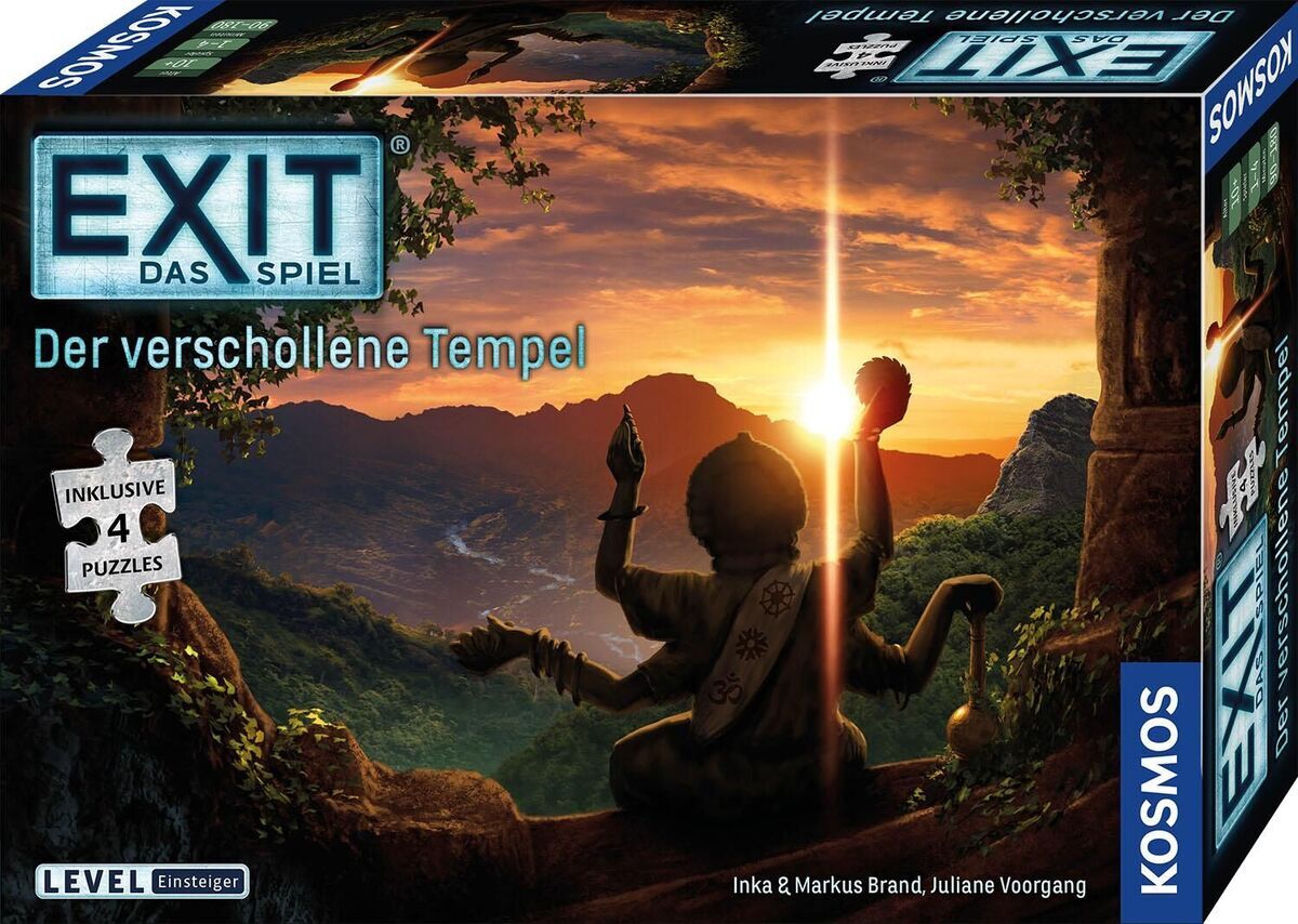 Die Schachtel des Spiels 'EXIT® - Das Spiel + Puzzle: Der verschollene Tempel' zeigt ein Abenteuer-Motiv mit einem Sonnenuntergang über einem Tempel in einer üppigen, grünen Landschaft. Im Vordergrund sitzt eine Statue. Der Titel des Spiels ist in großen, blauen Buchstaben oben links zu sehen. Das Spiel ist vom Kosmos Verlag.