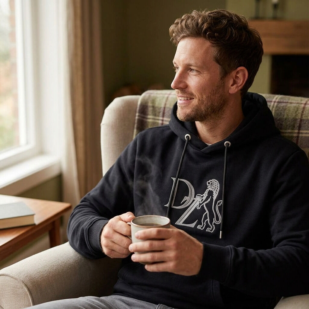 Ein Mann sitzt entspannt in einem Sessel, trägt einen schwarzen »ZEIT« Hoodie mit grauem Schaumprint-Logo und Löwen auf der Brust. Er hält eine Tasse in den Händen. Im Hintergrund ist ein Fenster mit hellem Tageslicht und ein Holztisch mit Büchern sichtbar.
