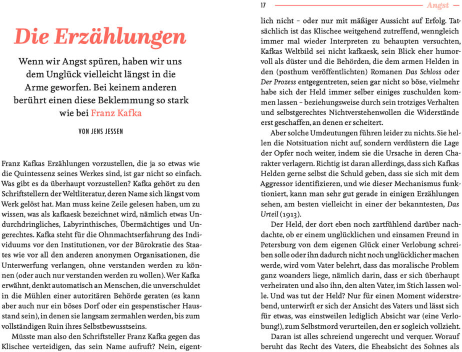 Ein aufgeschlagenes Buch mit Text in deutscher Sprache. Der Titel 'Die Erzählungen' ist in roter Schrift, gefolgt von Textabschnitten in schwarzer Schrift auf weißem Hintergrund.