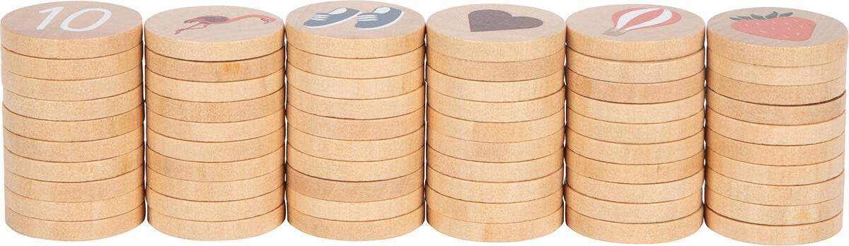 Bild einer Sortierbox aus Holz mit Bildern für Kinder. Die Box enthält Holzscheiben mit verschiedenen Symbolen und Zahlen.