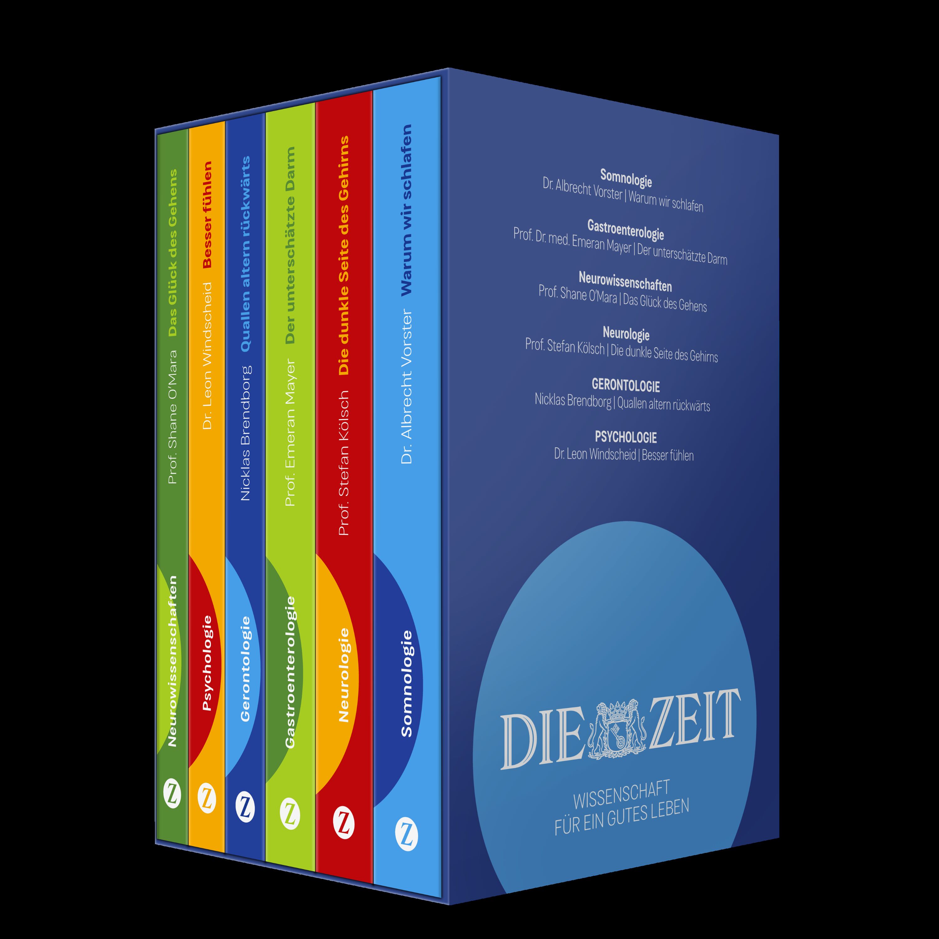 Abbildung einer farbenfrohen ZEIT-Edition-Bücherbox mit mehreren wissenschaftlichen Sachbüchern zum Thema »Wissenschaft für ein gutes Leben«. Die Buchrücken sind verschiedenfarbig gestaltet, die Titelseiten zeigen Fachgebiete wie Neurowissenschaften, Psychologie und Gastroenterologie. Die Box steht aufrecht und die Titel sind deutlich lesbar. Zielgruppe sind wissenschaftsinteressierte Erwachsene sowie Bildungssuchende. Kein Mensch ist im Bild zu sehen.
