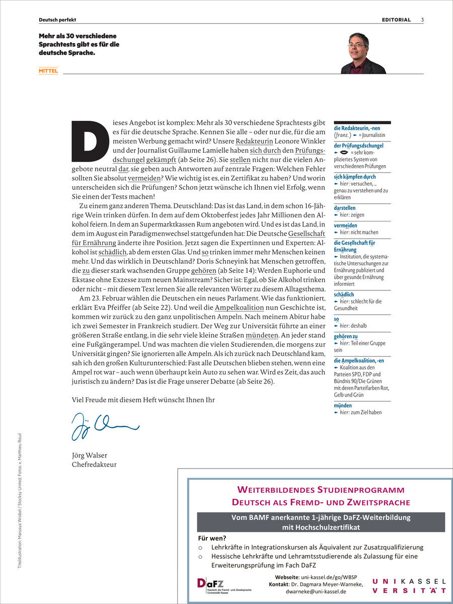 Die Titelseite des Magazins 'Deutsch perfekt' Ausgabe 3/2025 zeigt Textblöcke, einen Editorial-Absatz und eine Fotografie einer Person. Unten sind Werbeanzeigen für ein Weiterbildungsprogramm abgebildet.