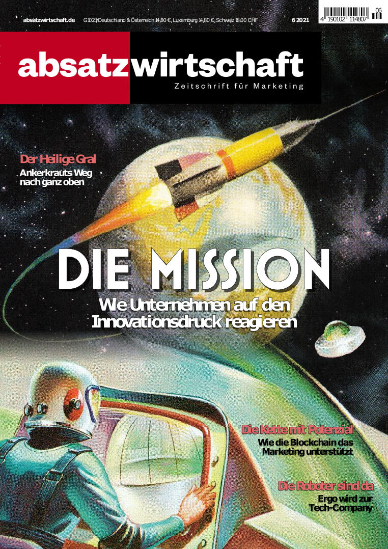 Cover der Zeitschrift absatzwirtschaft Ausgabe 6/21 mit dem Titel 'Die Mission – Wie Unternehmen auf den Innovationsdruck reagieren'. Das Cover zeigt eine Illustration eines Astronauten im Weltraum, der auf eine Rakete blickt. Themen wie Blockchain und Innovationsstrategien werden hervorgehoben. Die Hauptfarben sind Rot, Schwarz, Weiß, Grün und Gelb.
