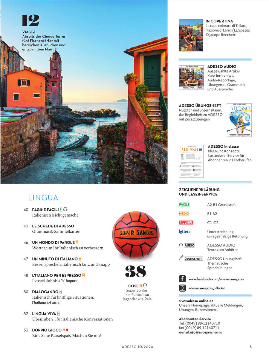 Das Titelbild des Adesso Magazins 10/2024 zeigt eine malerische Küstenlandschaft in Ligurien, Italien, vermutlich Cinque Terre. Die Szene präsentiert bunte Häuser entlang der Küste unter einem klaren blauen Himmel. In der rechten Spalte des Titels sind weitere Artikel und Inhalte des Magazins aufgeführt.