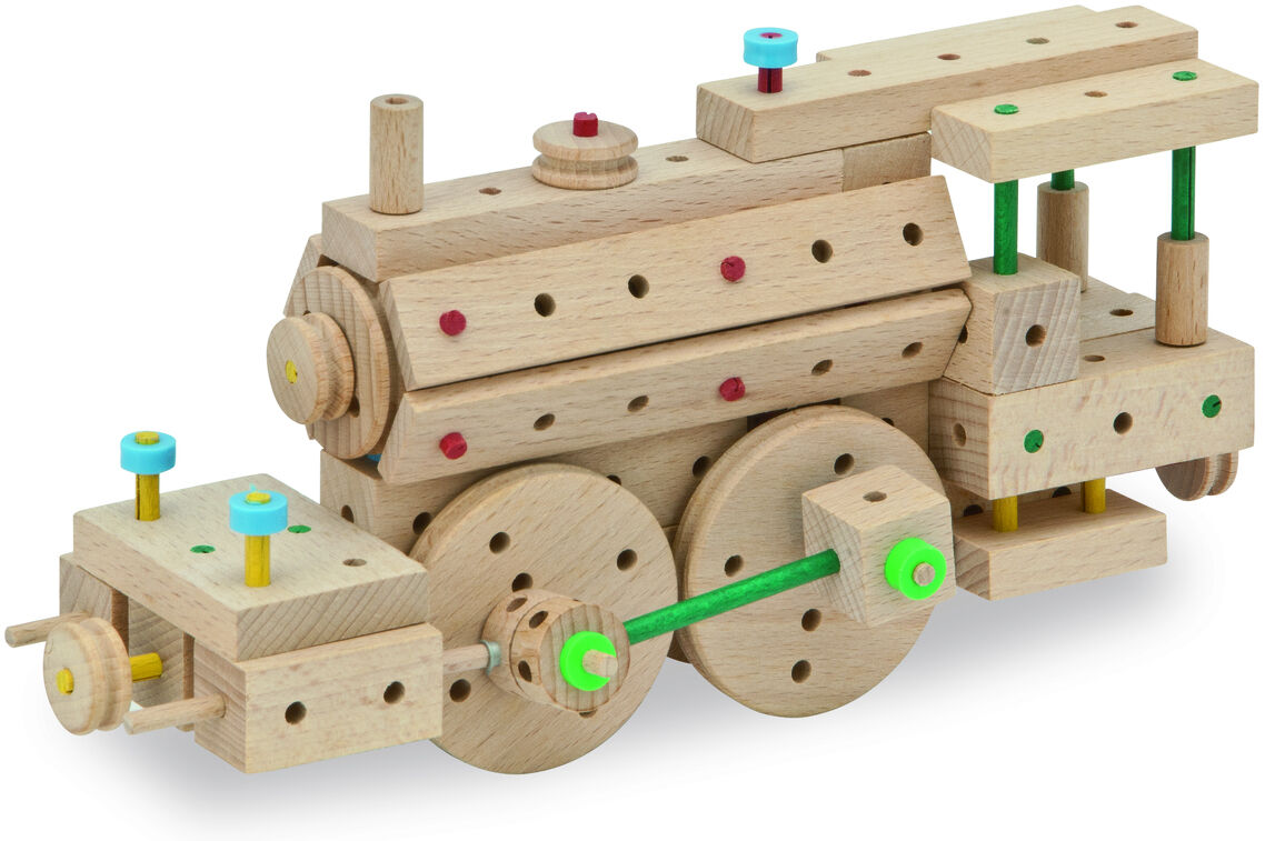 Holzkonstruktionsbaukasten »Explorer E318« enthält 318 Teile zum Bau eines Zuges aus naturfarbenem Holz mit roten, grünen und blauen Akzenten. Das Set fördert Kreativität und motorische Fähigkeiten und ist ideal für Kinder.