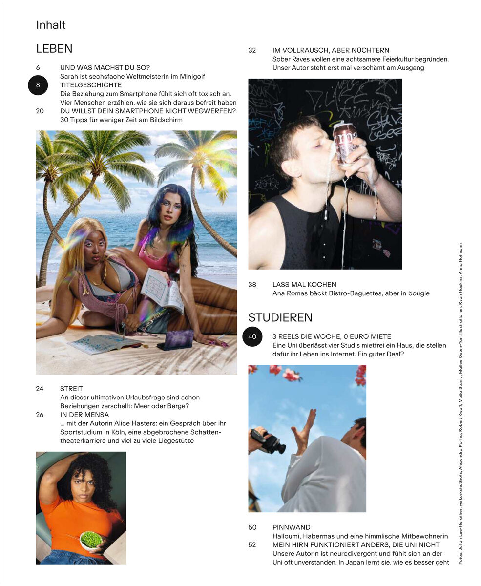 Detailreiche Inhaltsseite des ZEIT CAMPUS Magazins mit Fotos: zwei Frauen am Strand unter Palmen, eine Frau hält einen Burger, eine junge Person trinkt aus einer Bierdose, unten ein Paar beim Selfie mit Sonnenbrillen. Text zu Themen wie Karriere, Kochen und Unileben.