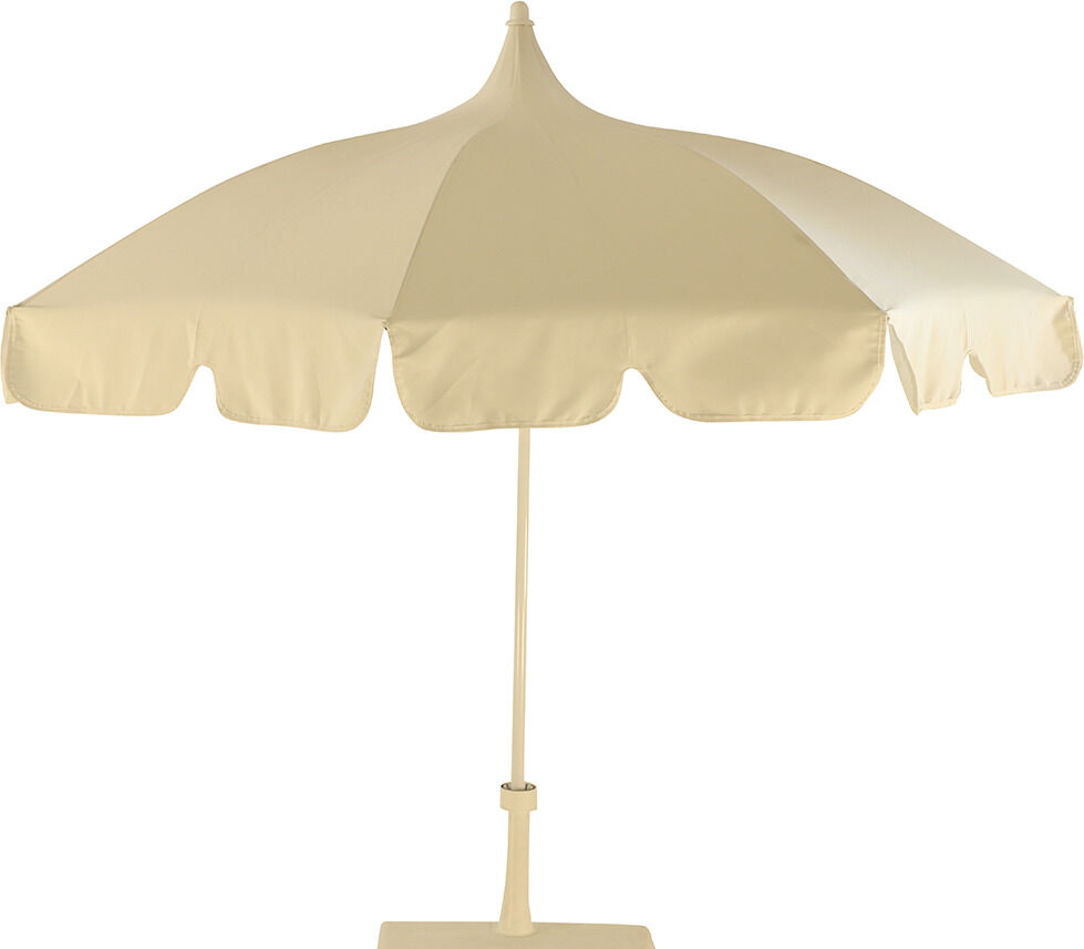Eleganter weißer Sonnenschirm »Pagoda« von Jan Kurtz mit runder, pagodenförmiger Bespannung und dekorativem Volant. Der Schirm steht auf einem weißen Stahlrohrgestell mit Knickgelenk und eignet sich für Garten, Balkon oder Terrasse. Variante: Ø 250 cm.