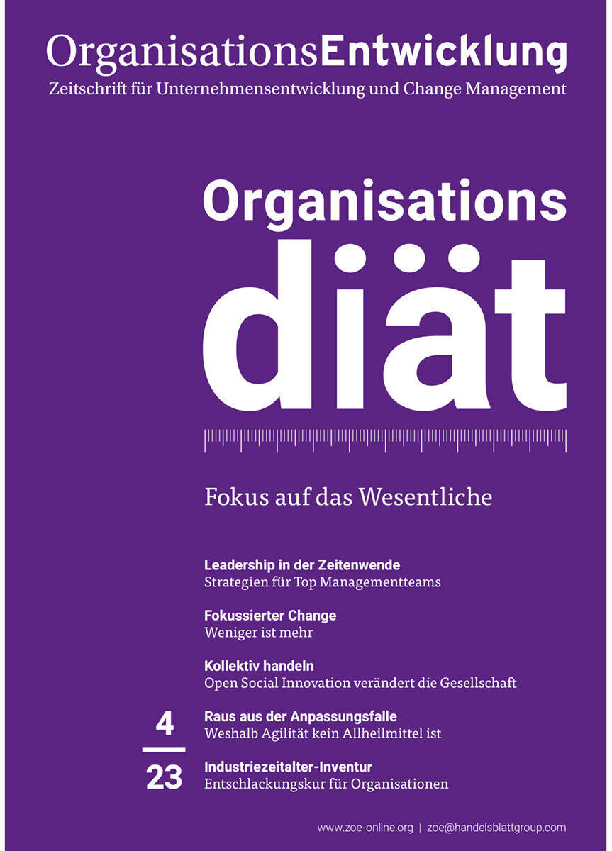 Cover der Zeitschrift OrganisationsEntwicklung Ausgabe 04/2023, in lila gehalten mit dem Titel Organisationsdiät und Text zu Themen der Unternehmensentwicklung und Change Management.