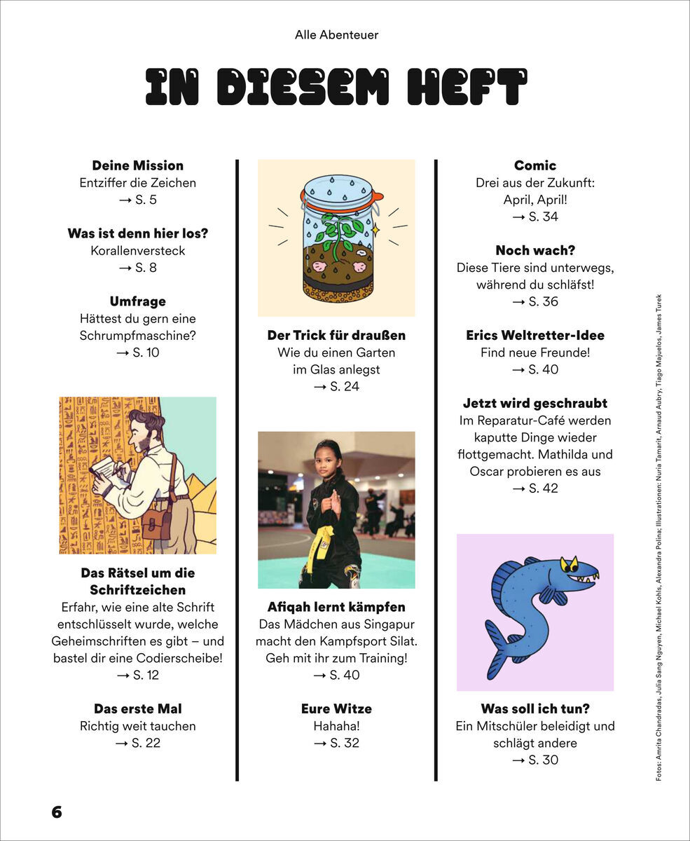 Eine bunte Seite aus dem Magazin 'ZEIT LEO 2/24 Knack den Code!', die verschiedene kindgerechte Artikel und Illustrationen zeigt. Es gibt Artikel über Missionen, Comics, Natur, Technologien und Rätsel. Geeignet für neugierige und lernfreudige Kinder.