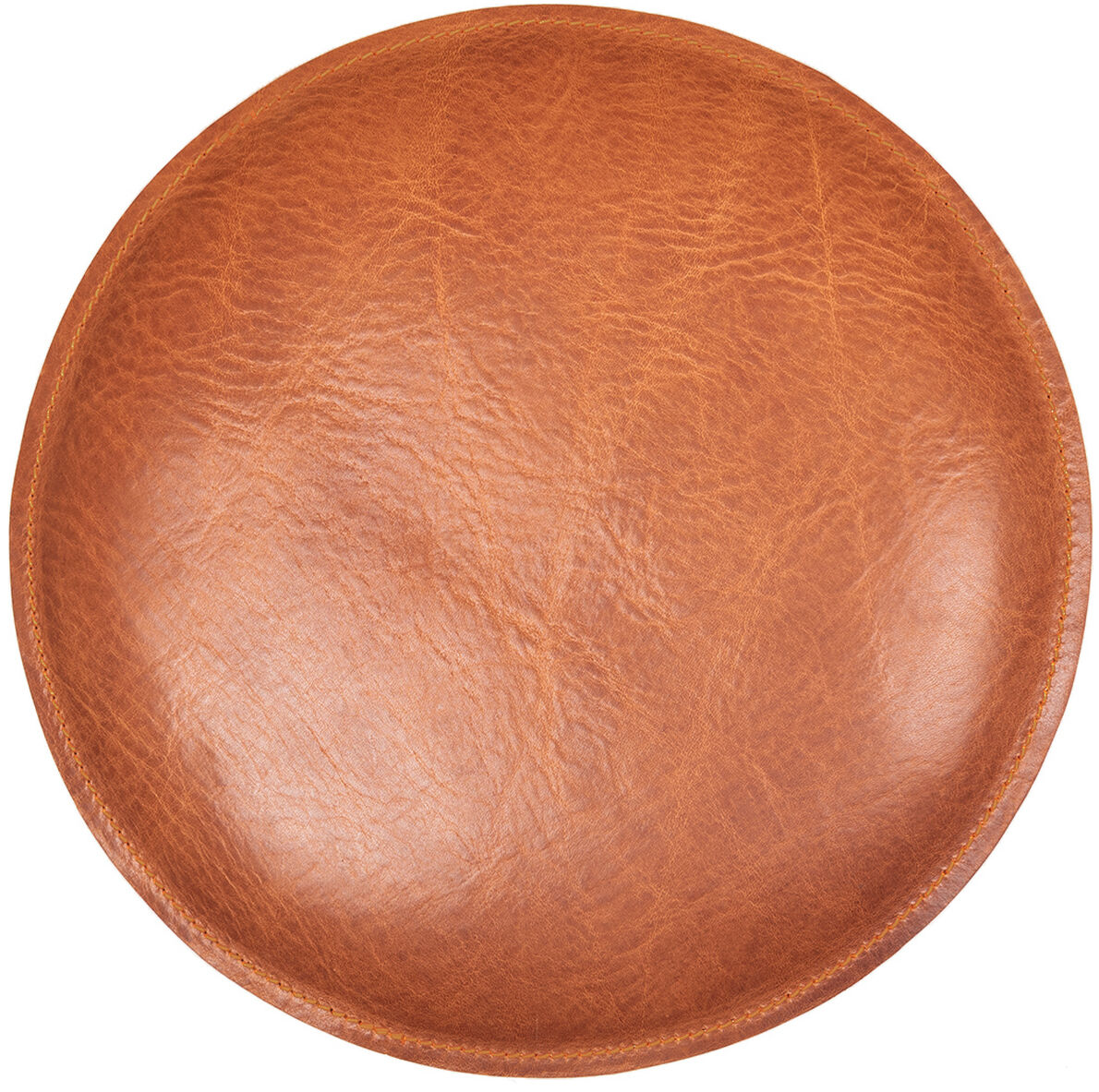 Rundes Sitzpolster aus Echtleder in edlem Cognac-Ton, gleichmäßig genäht, mit leichter Maserung sichtbar. Das Produkt liegt zentriert auf weißem Hintergrund und wirkt hochwertig sowie minimalistisch.