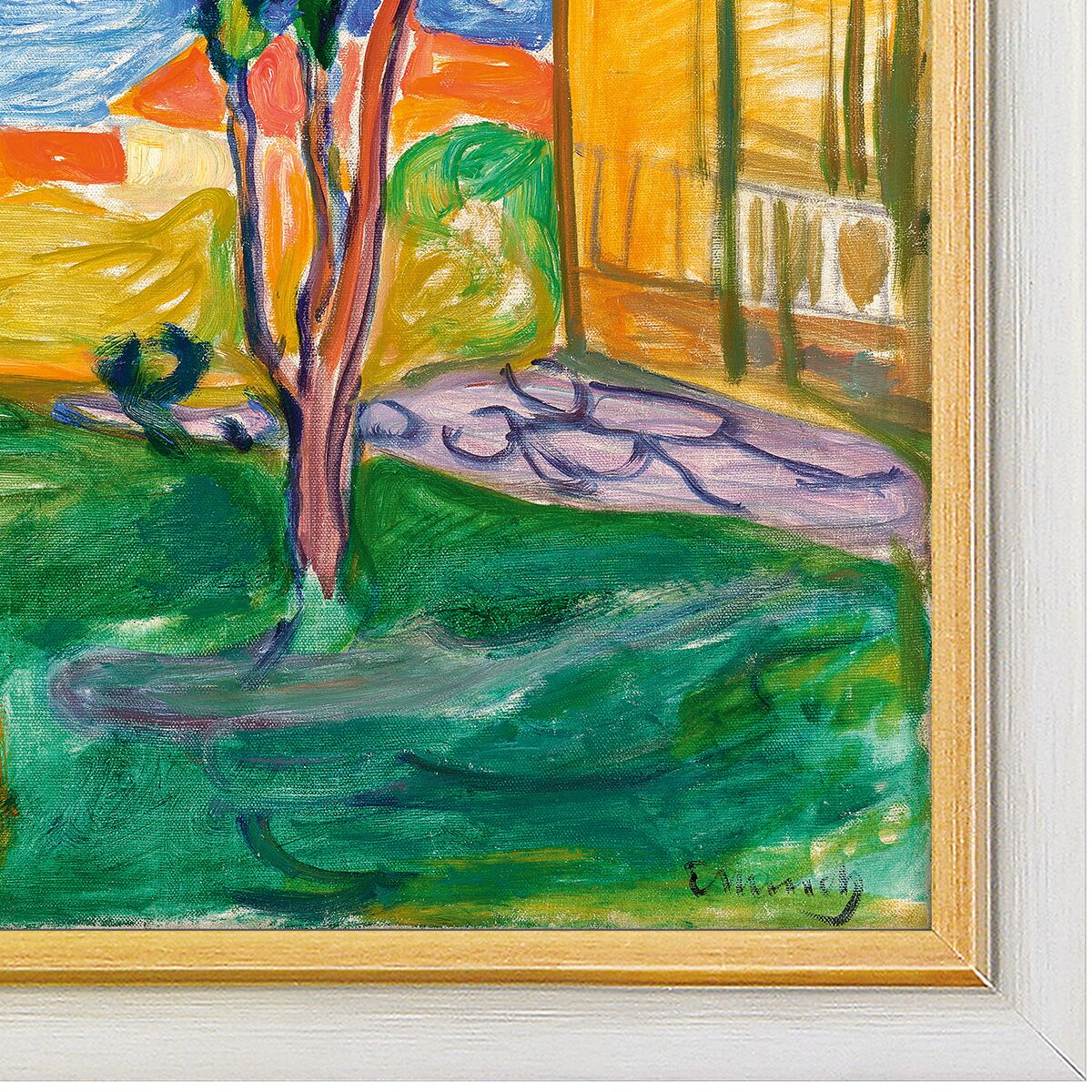 Detailreiche, gerahmte Reproduktion von Edvard Munchs Gemälde "Der Garten in Asgardstrand" (1904-05). Das Bild zeigt einen üppigen Garten in Grüntönen, mit blauen und ockerfarbenen Akzenten sowie flächigen, expressiv gemalten Bäumen und einer atmosphärischen Lichtwirkung. Massivholzrahmen, limitierte Auflage.