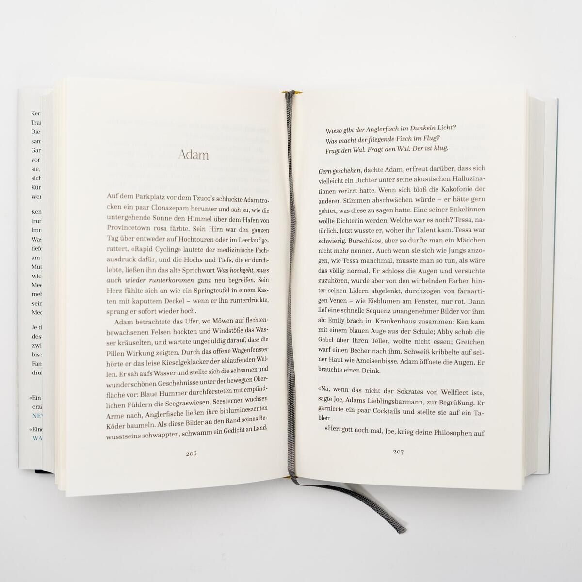 Eine aufgeschlagene Seite des Buches 'Treibgut' von A. Brodeur. Das Buch zeigt einen Textabschnitt mit dem Titel 'Adam' und ein graues Lesezeichen zwischen den Seiten.