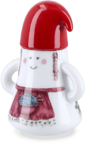 Eine kleine Weihnachtsfrau-Figur aus Porzellan der Hammershøi Kollektion, gestaltet in skandinavischem Design mit roter Zipfelmütze, rotem Kleid und weißen Details. Die Figur lächelt freundlich und eignet sich ideal als festliche Tisch- oder Wohnungsdekoration zur Weihnachtszeit.