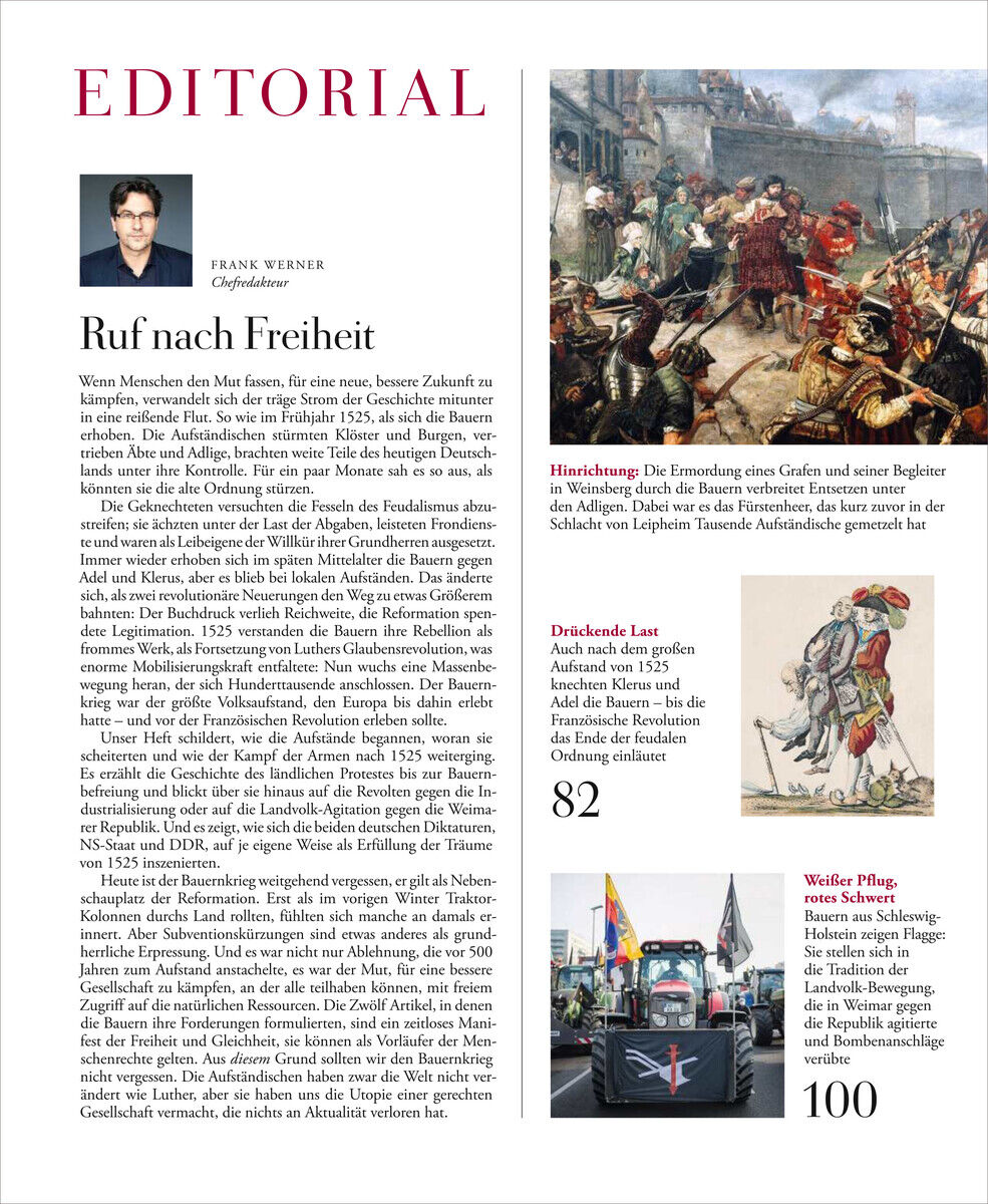 Cover der Zeitschrift 'ZEIT GESCHICHTE 6/24 Der Bauernkrieg' mit einem Editorial, das den Ruf nach Freiheit thematisiert. Enthält Illustrationen eines historischen Kampfes und einer Protestszene.