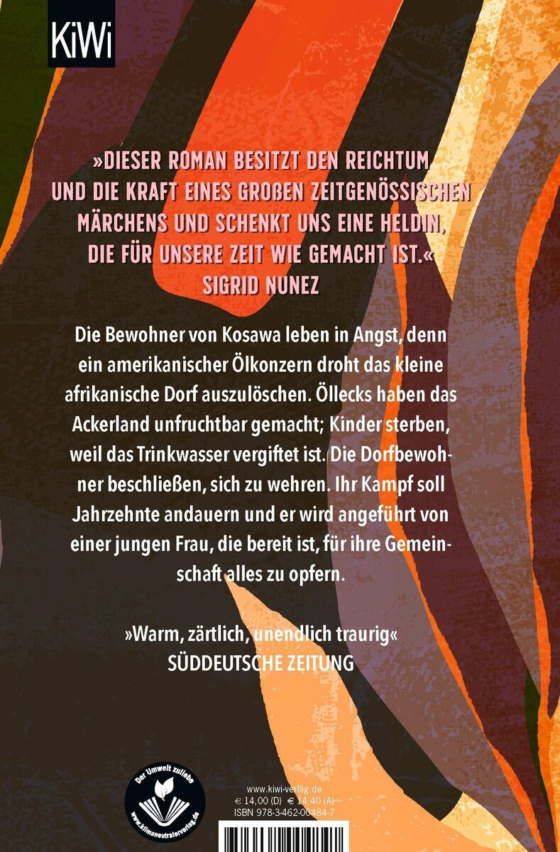 Rückseite des Buches 'Wie schön wir waren' von Imbolo Mbue mit einem Zitat von Sigrid Nunez und einer Beschreibung des Buchinhalts. Der Hintergrund ist bunt, hauptsächlich in Orange-, Braun-, Grün- und Violetttönen gehalten. Logos von 'KiWi' und 'Süddeutsche Zeitung' sind sichtbar.