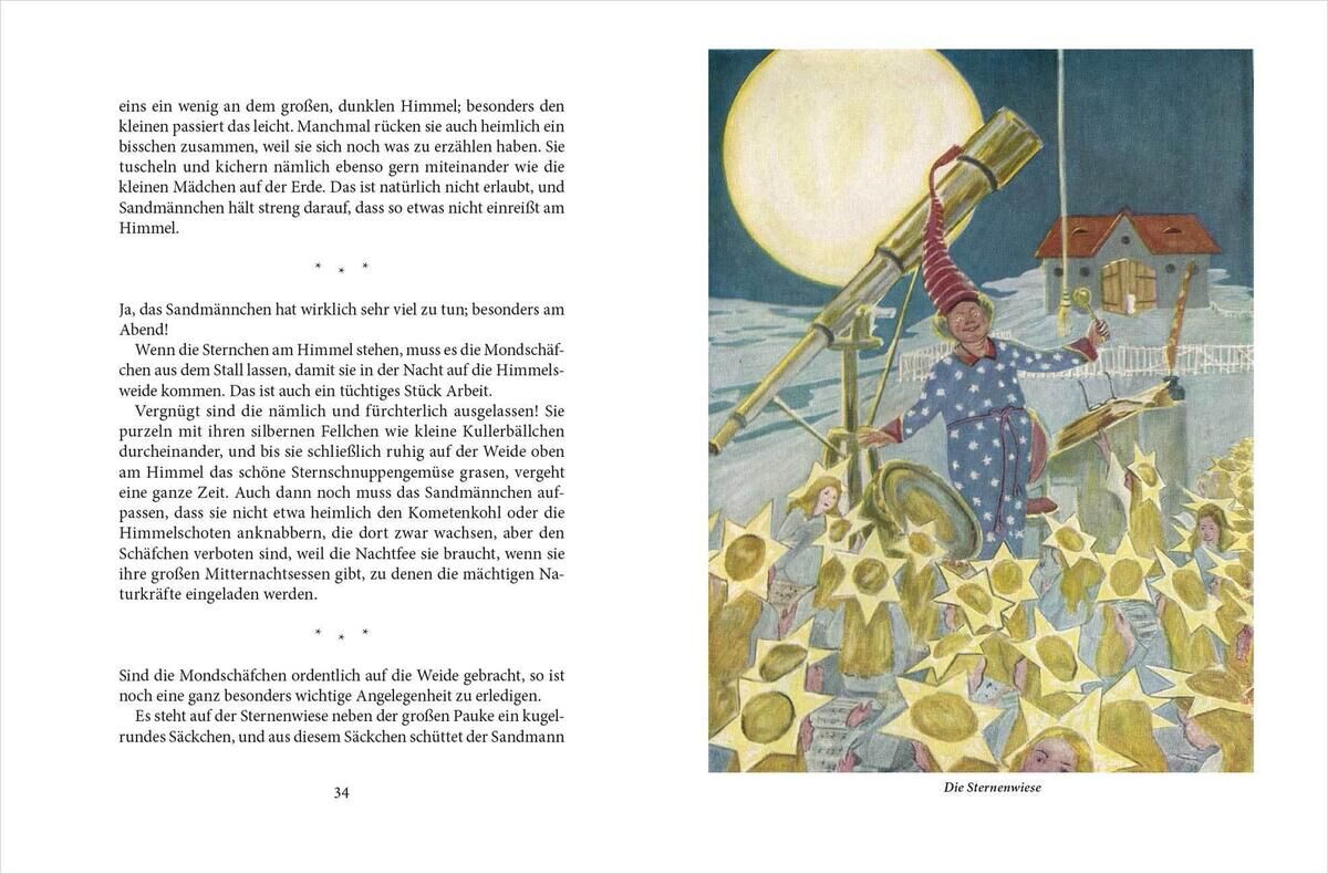 Peterchens Mondfahrt, illustrierte Ausgabe. Eine farbenfrohe Illustration zeigt eine nächtliche Szene mit einem Mann in gestreifter Kleidung, der von einem Holzturm aus in die Menge winkt. Viele Kinder sind unten versammelt und blicken gespannt nach oben. Der Himmel ist dunkel mit einem großen, leuchtenden Mond im Hintergrund.