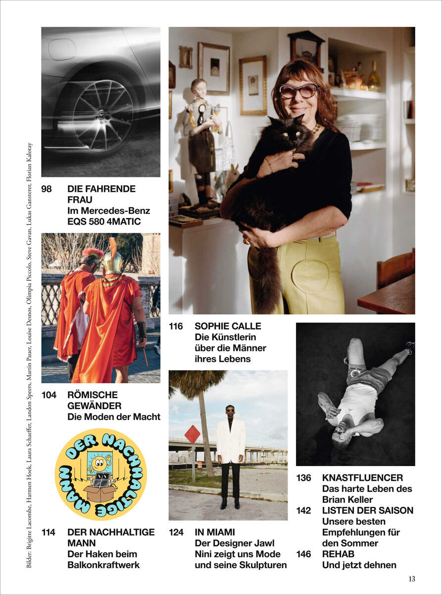 Titelseite des ZEITmagazin MANN 1/24. Verschiedene Bilder und Artikelvorschauen, darunter Themen wie Autos, Mode, Kunst, Fotografie und Lifestyle. Enthält Bilder von Menschen und Fotografien in Farbe.
