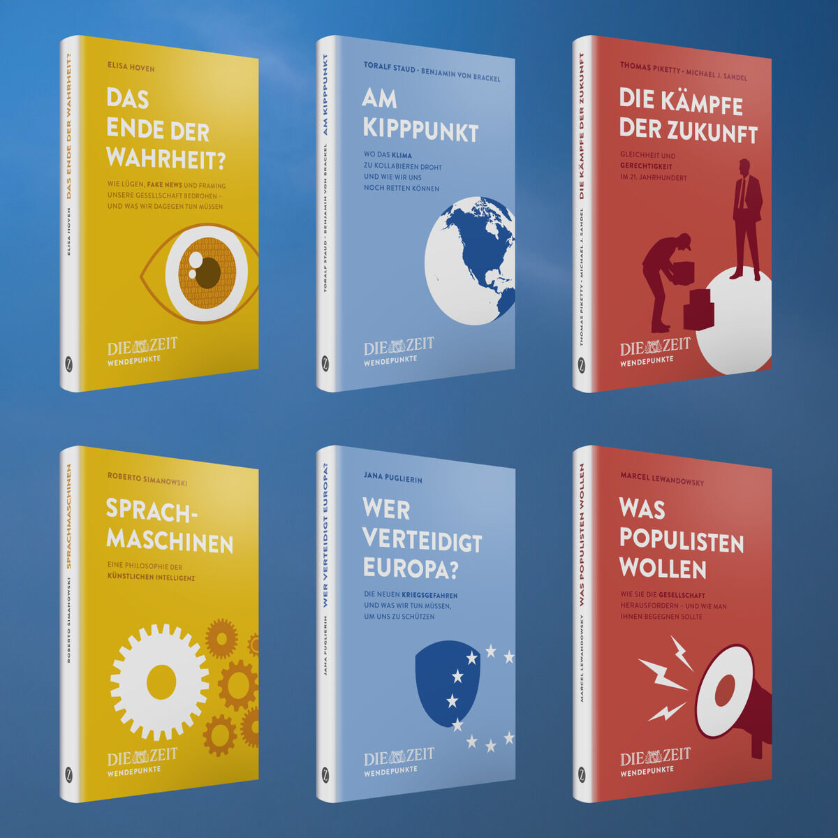 Sechs Hardcoverbände der ZEIT-Edition »Wendepunkte« auf blauem Hintergrund, jeweils in Rot, Blau oder Gelb gestaltet. Buchcover zeigen Titel und Autoren; Themen sind Wahrheit, Klimawandel, Gerechtigkeit, KI, Sicherheitspolitik und Populismus. Klar strukturierte Anordnung.