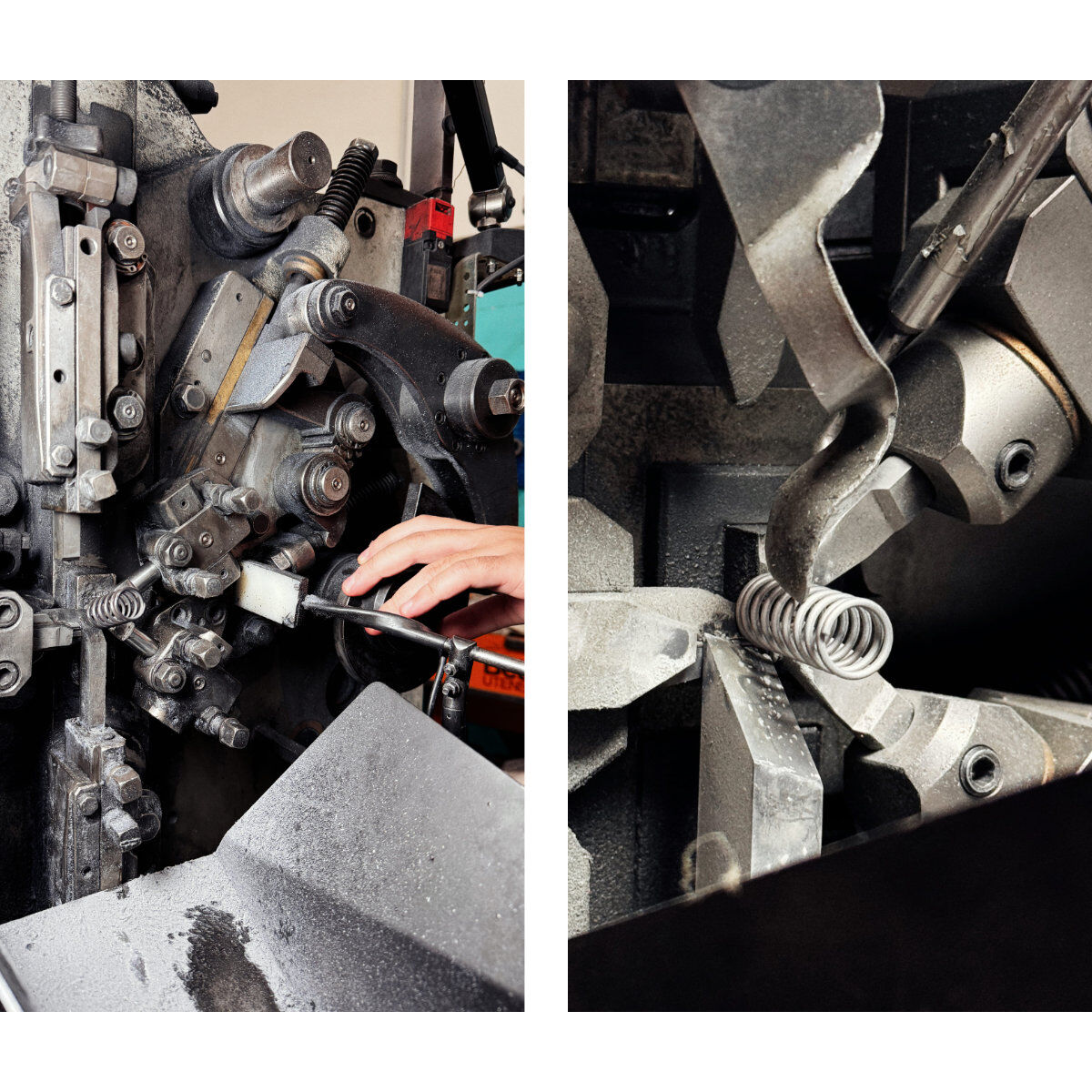 Nahaufnahme einer Hand an einer komplexen Metallmaschine mit Zahnrädern und Hebeln; Detailaufnahme einer Metallfeder in einer Spannvorrichtung.
