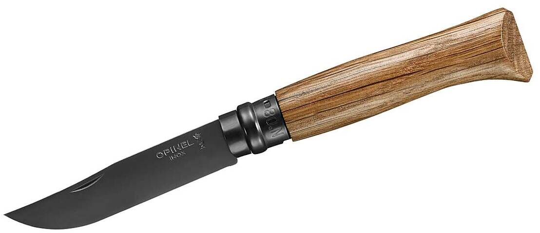Ein Taschenmesser mit einem eleganten Holzgriff und einer klappbaren schwarzen Edelstahlklinge. Das Messer hat eine schlanke und stilvolle Erscheinung, perfekt für Outdoor-Aktivitäten wie Camping, Wandern und Gartenarbeit.