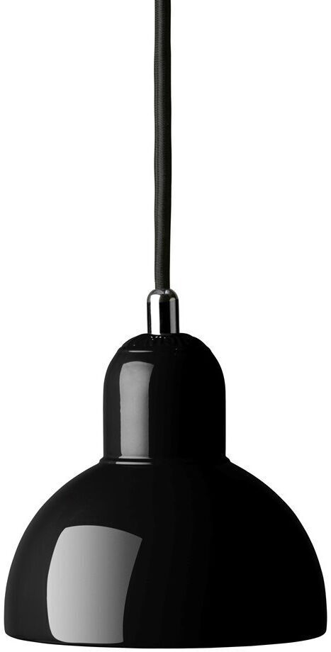 Schwarze, minimalistische Hängeleuchte »Kaiser Idell 6722-P« mit glänzender Oberfläche und schlichtem Design, aufgehängt an einem schwarzen Kabel.