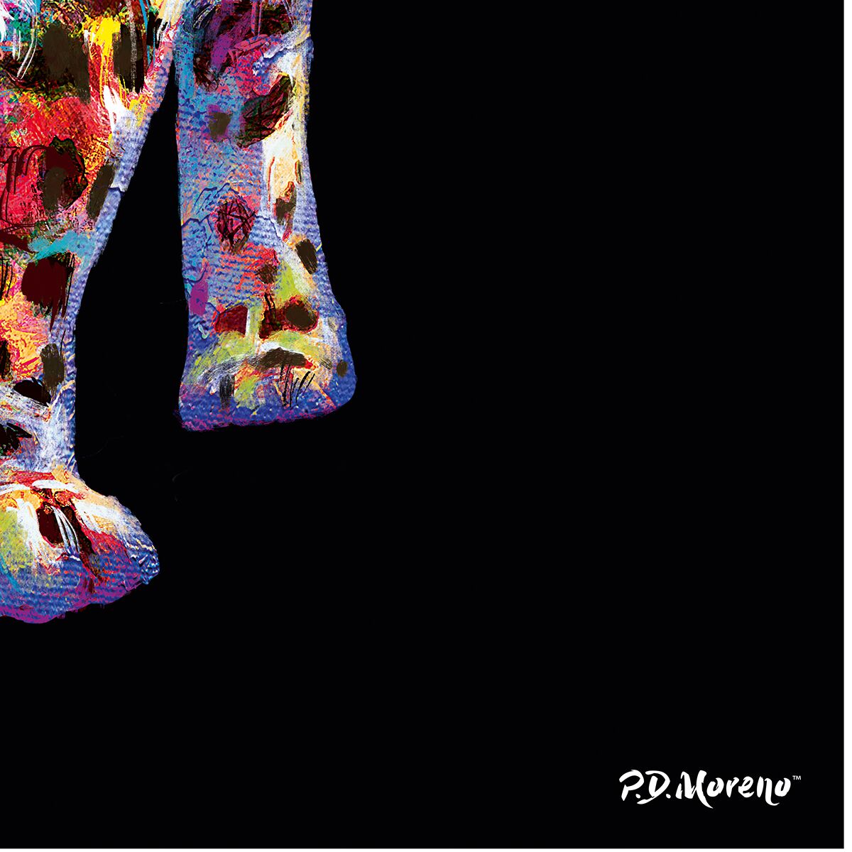 Das Bild zeigt einen Ausschnitt eines Leoparden in einer farbenfrohen, abstrakten Gestaltung auf schwarzem Hintergrund. Lediglich Teile von Kopf, Vorderbeinen und Pfoten sind sichtbar. Signatur „P.D. Moreno“ unten rechts. Bunte Farbflecken prägen das Motiv, das modern und dynamisch wirkt.