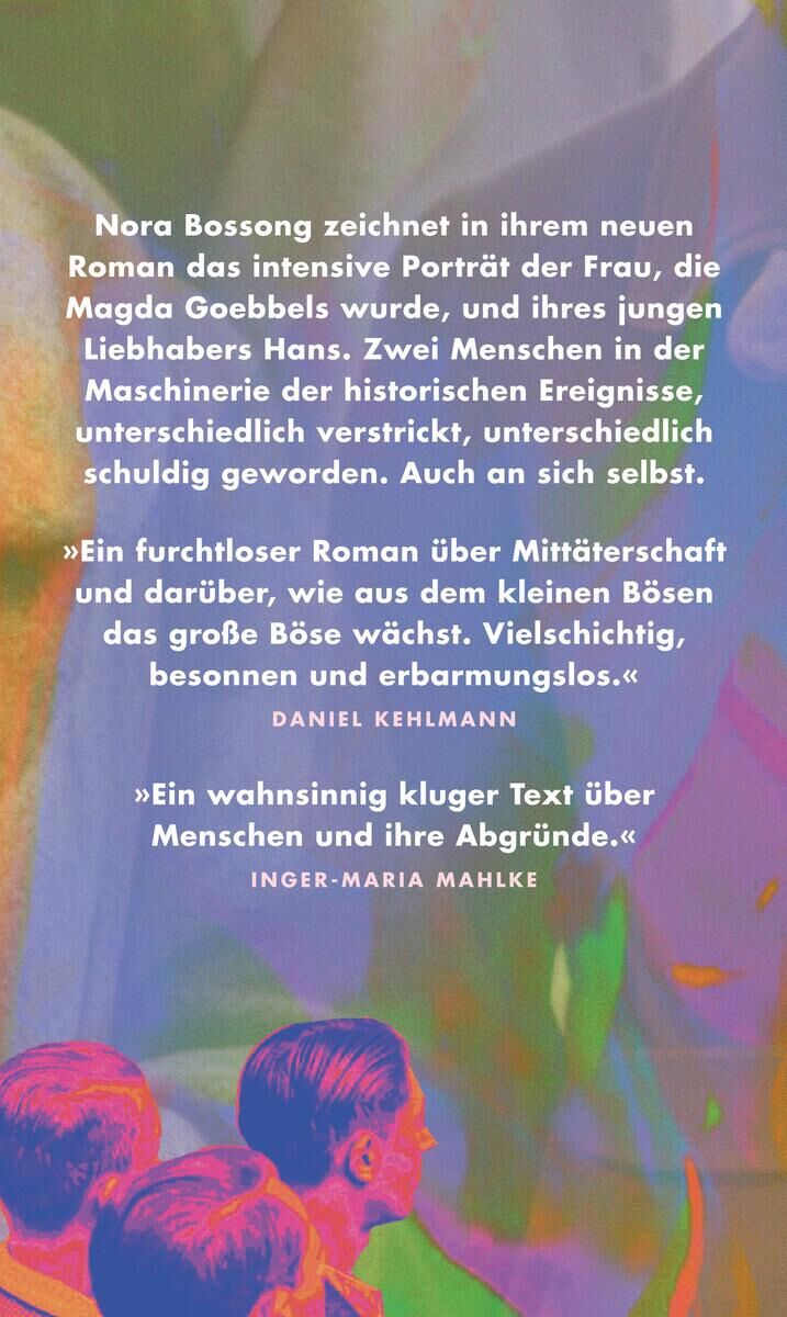 Buchcover von 'Reichskanzlerplatz' von Nora Bossong, das Textzitate von anderen Autoren zeigt. Das Hintergrundbild ist farbenfroh mit Elementen in blau, weiß, violett, grün und orange.