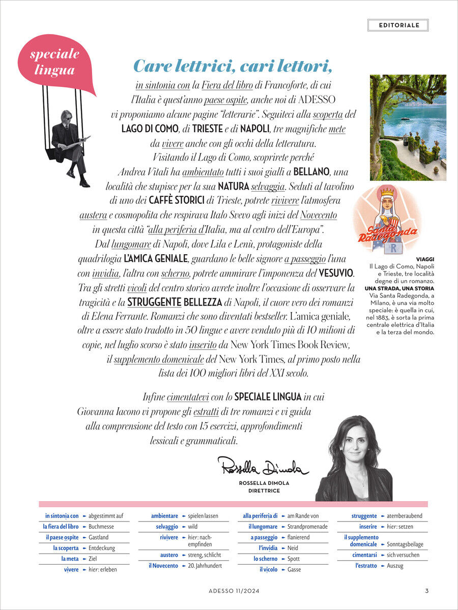 Titelblatt der Zeitschrift Adesso Magazin 11/2024. Es enthält Illustrationen und Fotos von italienischen Landschaften sowie eine Einführung von Dominika Della Valle. Textpassagen in verschiedenen Schriftarten und Farben, hauptsächlich weiß, rot, blau und schwarz.