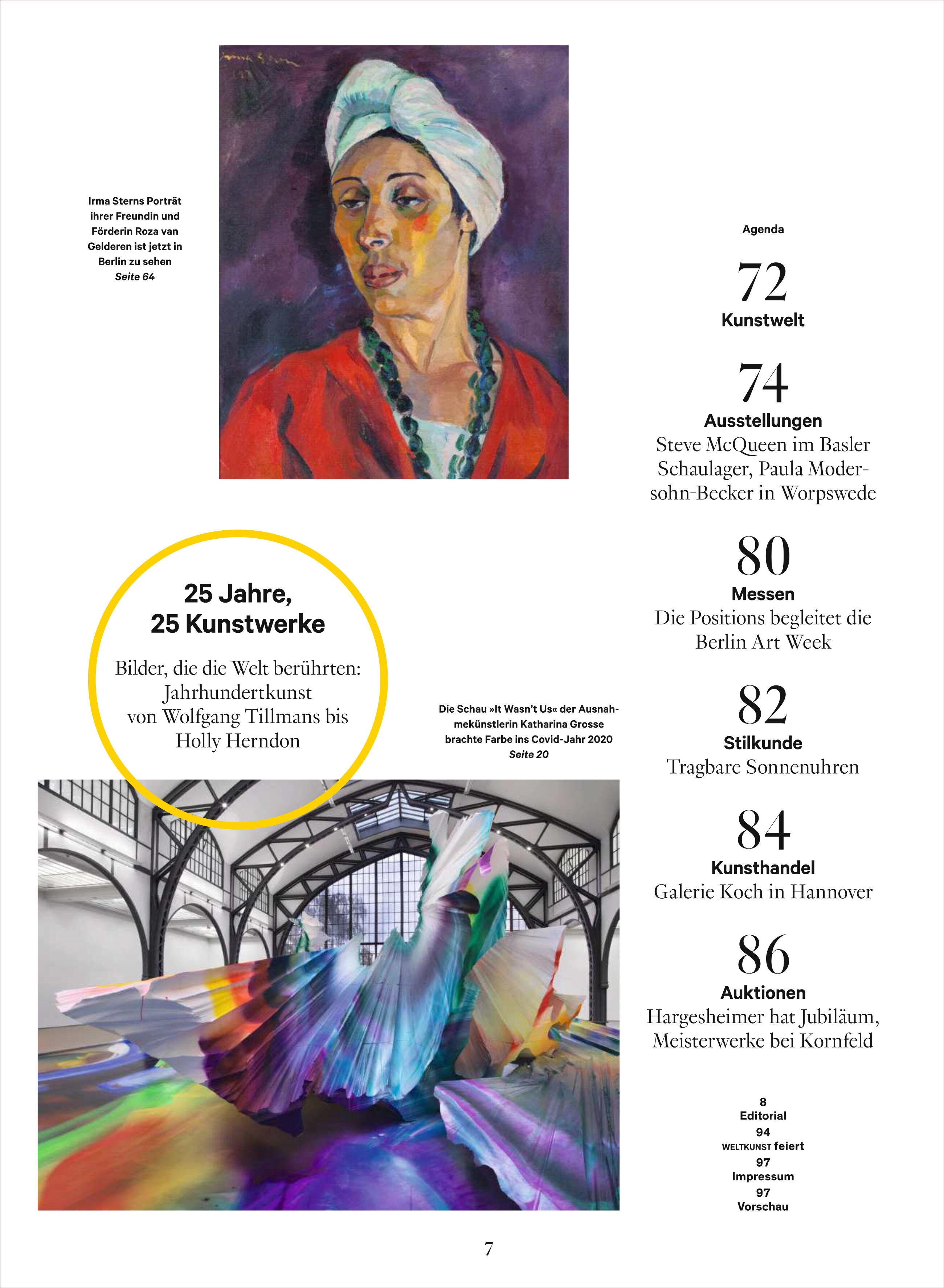 Titelseite eines Kunstmagazins mit einem expressionistischen Frauenporträt oben und einer farbenfrohen, modernen Kunstinstallation unten. Dazwischen Textfelder mit Themen und Übersicht über Inhalte wie Ausstellungen, Auktionen und Meilensteine aus 25 Jahren Kunstgeschichte des 21. Jahrhunderts. Das Design ist bunt, hell und einladend gestaltet.