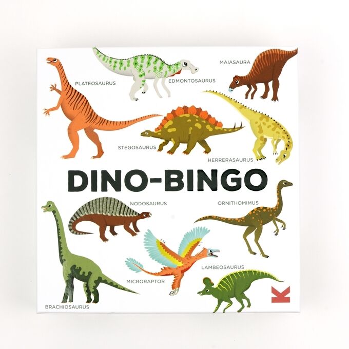 Eine sorgfältig illustrierte Box des Spiels 'Dino-Bingo' zeigt verschiedene Dinosaurier wie Stegosaurus, Triceratops, Brachiosaurus und mehr. Der Hintergrund ist weiß, die Dinosaurier sind in verschiedenen Farben dargestellt.