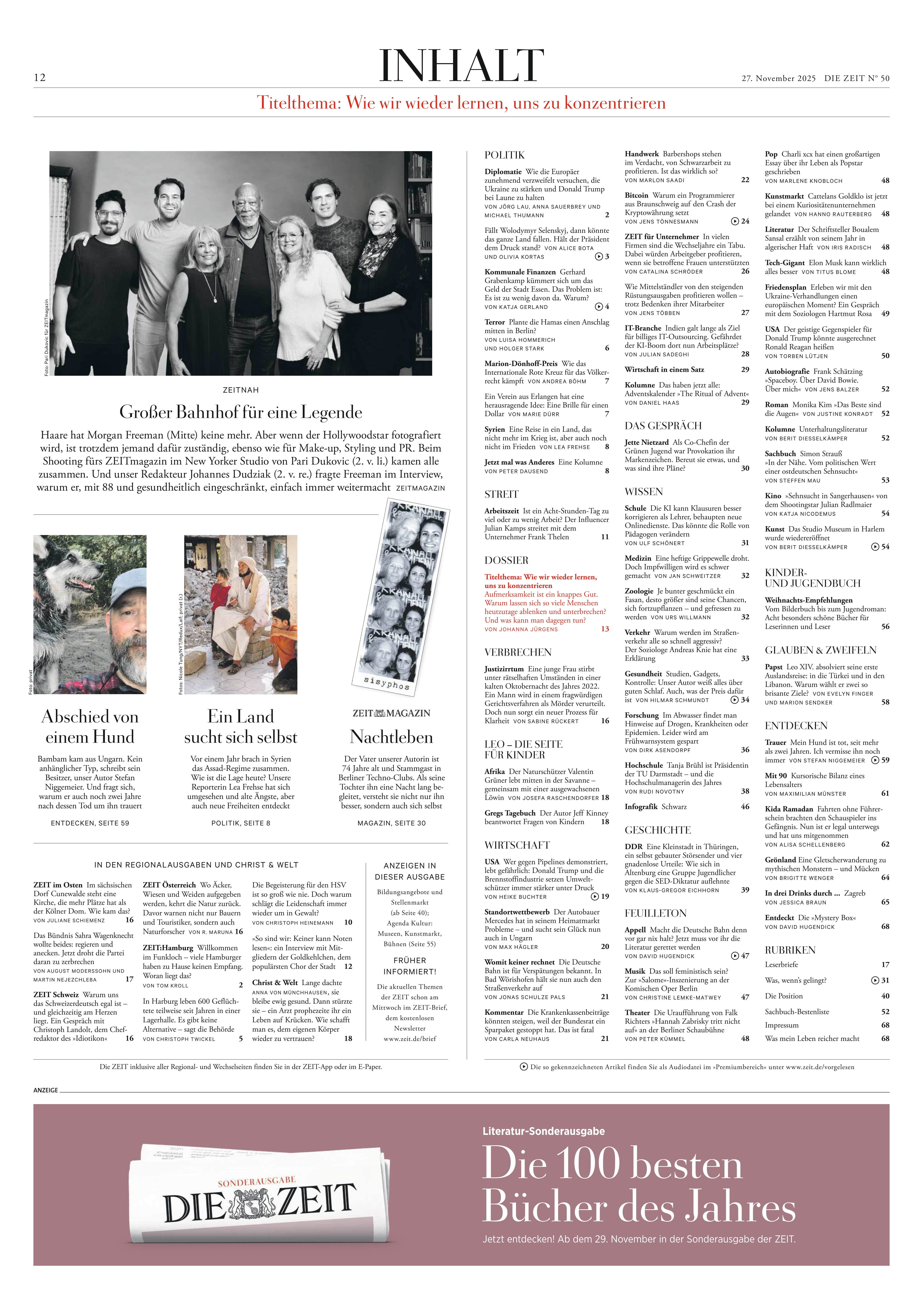 Detailreiche Inhaltsseite der Wochenzeitung DIE ZEIT 50/2025. Oben ein mehrspaltiges Inhaltsverzeichnis mit Themenrubriken, Links ein Foto einer Gruppe Menschen, mehrere kleine Artikel mit Bildern, Haupttextspalten, darunter eine Werbefläche für ein Literatur-Sonderangebot mit rotem Fond.