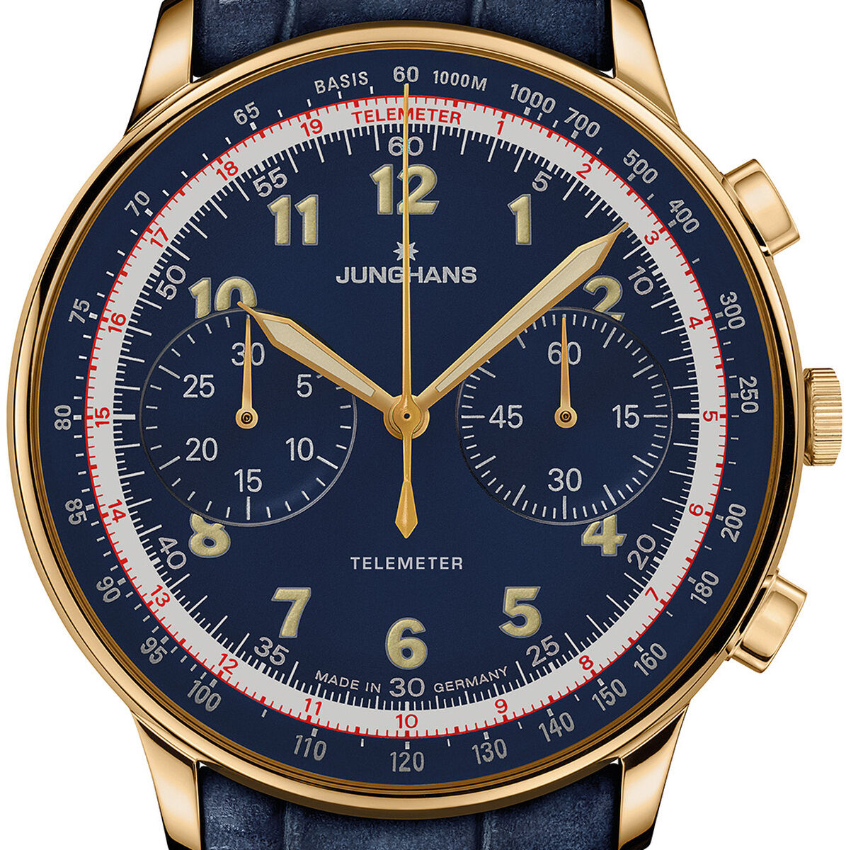 Elegante Armbanduhr der ZEIT-Sonderedition »Telemeter«, hergestellt von Junghans, mit goldfarbenem Gehäuse, dunkelblauem Lederarmband und blauem Zifferblatt mit goldenen und weißen Markierungen sowie Chronographenfunktionen. Die Uhr liegt frontal, das Design wirkt klassisch und hochwertig.