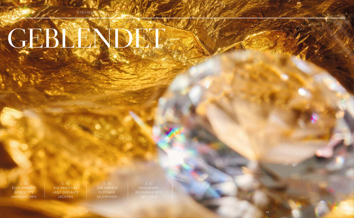 Cover des Magazins ZEIT VERBRECHEN 28/24 mit dem Titel 'GEBLENDET'. Das Bild zeigt einen großen, funkelnden Diamanten auf einem goldenen Hintergrund.