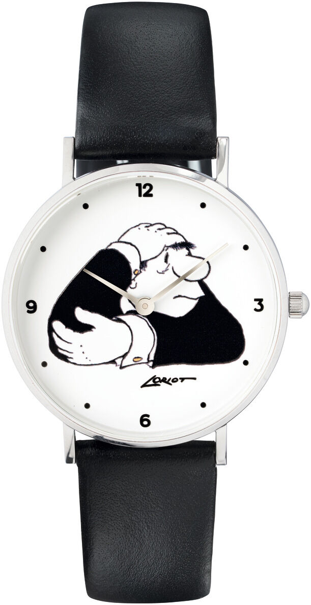 Eine Künstler-Armbanduhr mit einem weißen Zifferblatt, das eine humorvolle Illustration im Stil von Loriot zeigt. Das Armband ist schwarz und die Uhr hat silberne Details.