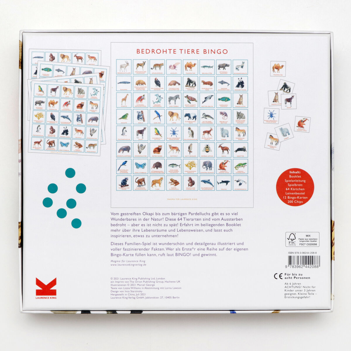Die Produktverpackung des Spiels 'Bingo »Bedrohte Tiere«'. Die Rückseite zeigt ein Spielbrett mit verschiedenen illustrierten Tieren sowie Spielchips. Das Spiel ist für Familien und Kinder geeignet und fördert Umweltbewusstsein und Wissen über bedrohte Tierarten.