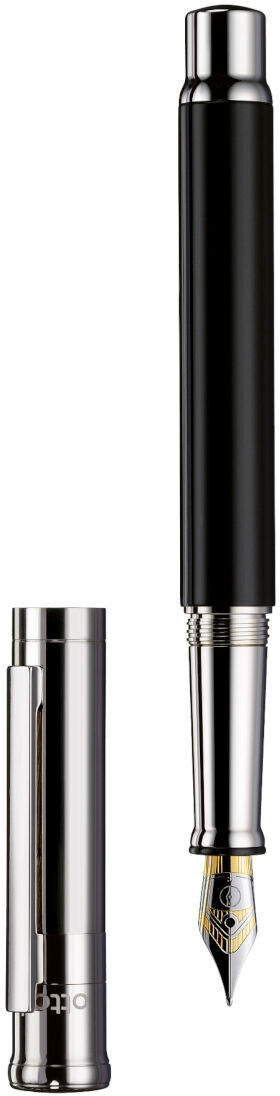 Das Bild zeigt ein Schreibset mit einem Füllfederhalter und einem Kugelschreiber. Beide Stifte sind in einem eleganten Design gehalten, mit schwarzen und silbernen Elementen. Der Füllfederhalter hat eine goldene Spitze sowie eine abnehmbare silberne Kappe.