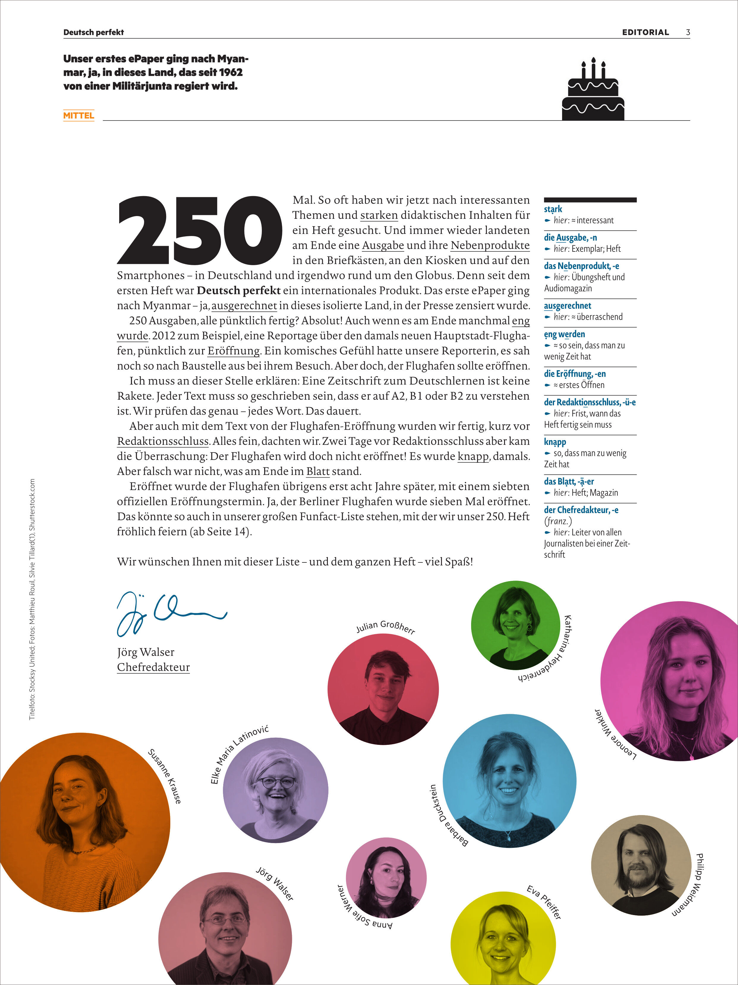 Deutsch perfekt Magazin Ausgabe 7/2025 zeigt ein Titelbild mit mehreren farbigen Porträts in Kreisen und großen Texten. Das Layout ist informativ gestaltet mit einem klaren Fokus auf Sprachthemen und Kultur.