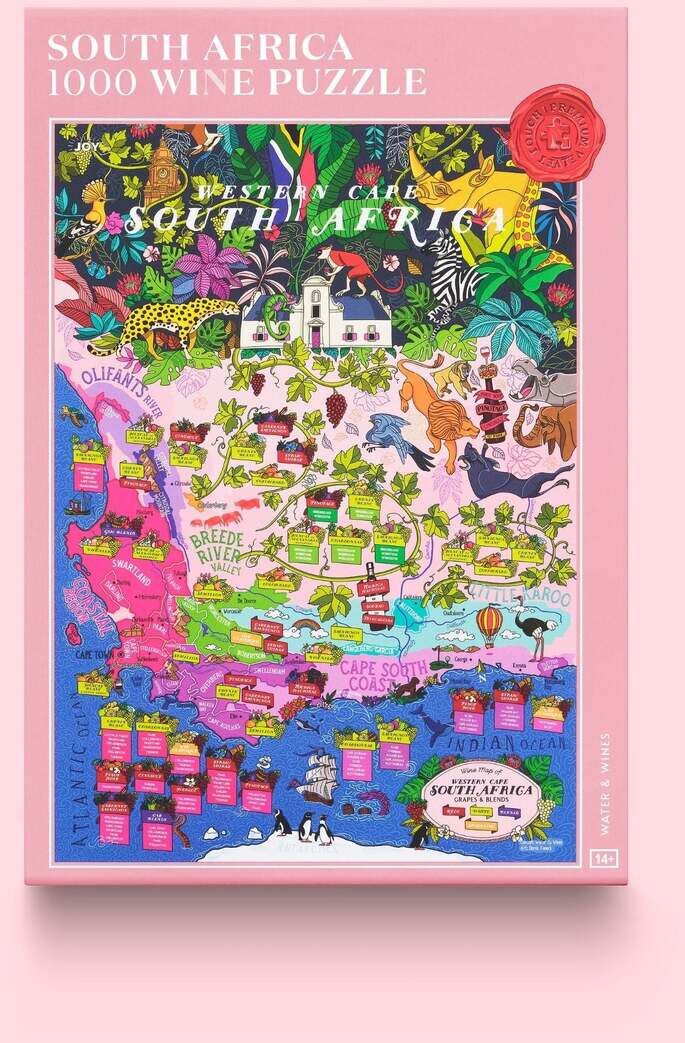 Abbildung eines Puzzles mit dem Thema Südafrika und Wein mit bunten Illustrationen von Landschaften, Tieren und geografischen Merkmalen. Der Hintergrund der Verpackung ist rosa.