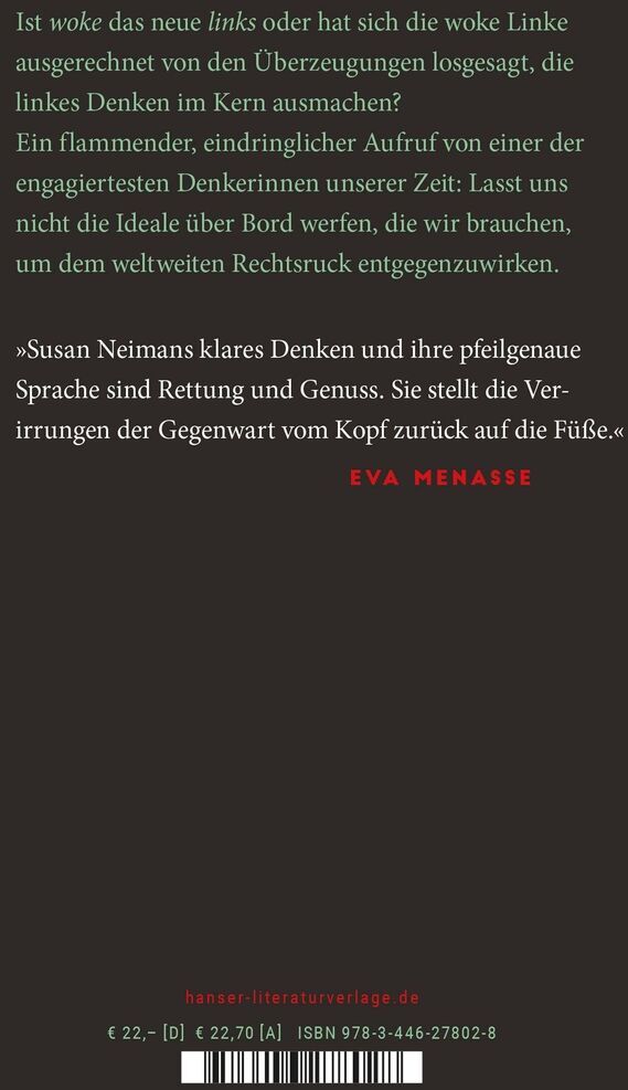 Das Buchcover von 'Susan Neiman: Links ist nicht woke' zeigt weißen Text auf einem schwarzen Hintergrund, mit roten Akzenten.