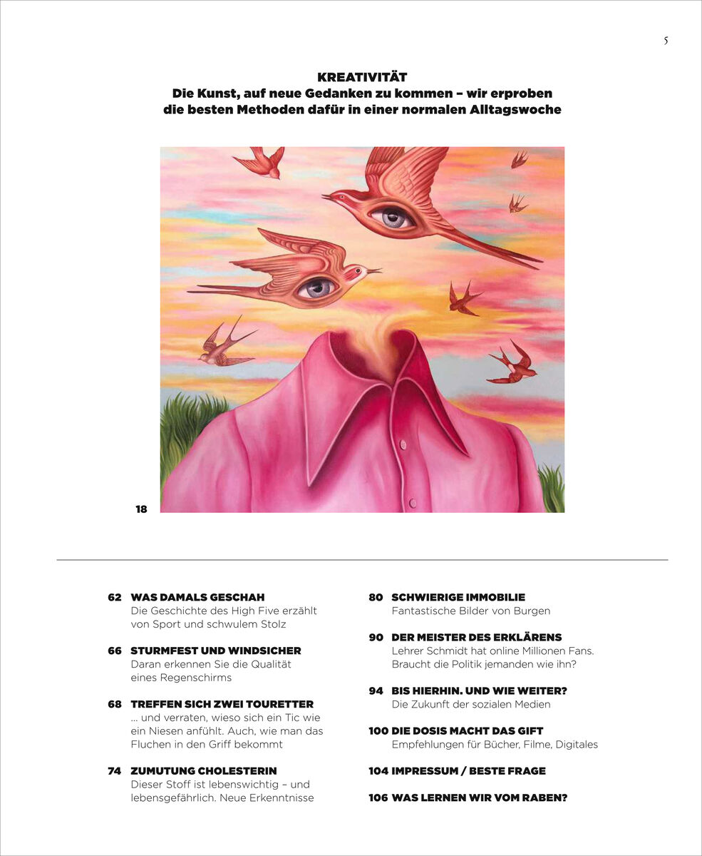 Surreales Kunstwerk zeigt Kopf mit Vogelgesicht und weit geöffnetem Hemd vor rosa-orangefarbenem Himmel. Drei Vögel fliegen davon. Darunter Inhaltsübersicht des Magazins ZEIT WISSEN zum Thema Kreativität mit Texten und Seitenzahlen auf weißem Hintergrund.