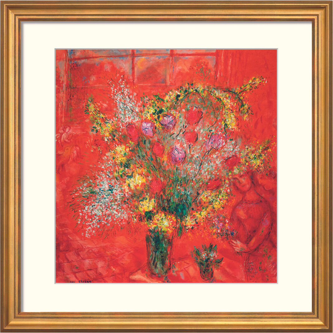 Ein Gemälde von Marc Chagall aus dem Jahr 1970 mit dem Titel «Fleurs sur fond rouge», das einen Blumenstrauß in einer Vase auf rotem Hintergrund darstellt.