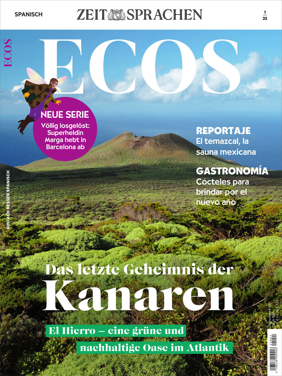 Cover des Magazins 'Ecos', Ausgabe 1/25, zeigt das grüne Landschaftsbild von El Hierro, einer Insel der Kanaren, mit Schwerpunkt auf Sprachenlernen, Kultur und Naturerlebnissen. Überschriften in Gelb und Weiß unterstreichen die Themen Reisen und Umweltschutz.