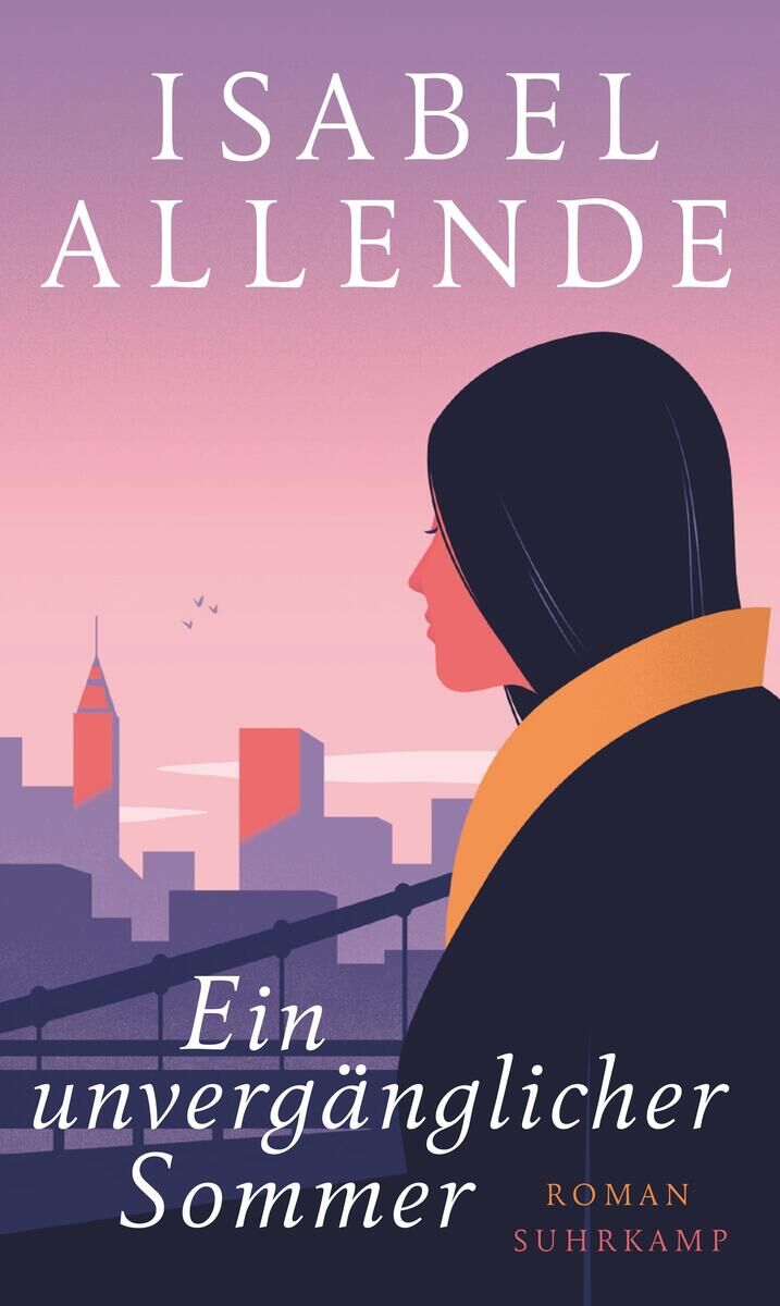Das Bild zeigt das Cover von Isabel Allendes Roman 'Ein unvergänglicher Sommer'. Eine Frau in schwarzem Mantel und Kapuze blickt über eine Stadtlandschaft mit rosa und lila Farben im Hintergrund. Die Aufschrift des Titels und des Autors sind in weißer Schrift gehalten.