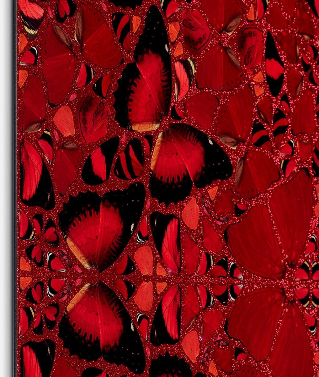 Ein Kunstwerk von Damien Hirst mit dem Titel »Nūr Jahān« aus der Serie »The Empresses« (H10-02) von 2022 zeigt ein intensives rotes Schmetterlingsmuster mit schwarzen Akzenten und feinen weißen Linien.
