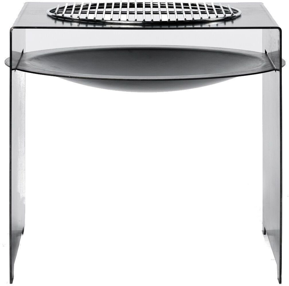 Ein Grillrost für die Feuerschale »BASIC« aus Edelstahl, geeignet für Grillen und Outdoor-Kochen. Die Feuerschale steht auf einem robusten Gestell und ist in Silber und Schwarz gehalten.