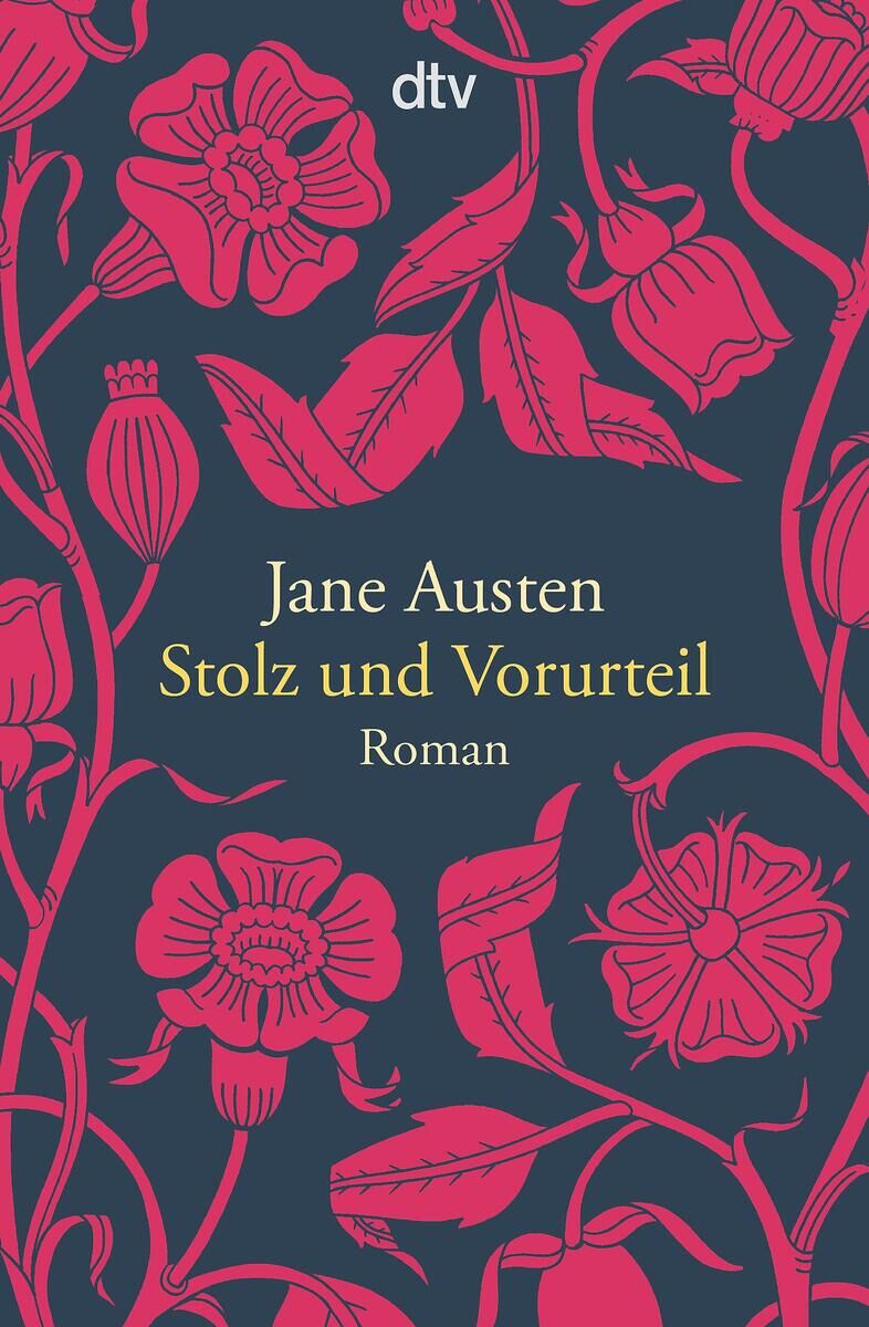 Das Buchcover von 'Stolz und Vorurteil' von Jane Austen zeigt ein künstlerisches florales Muster in Rot auf schwarzem Hintergrund mit gelber Schrift.