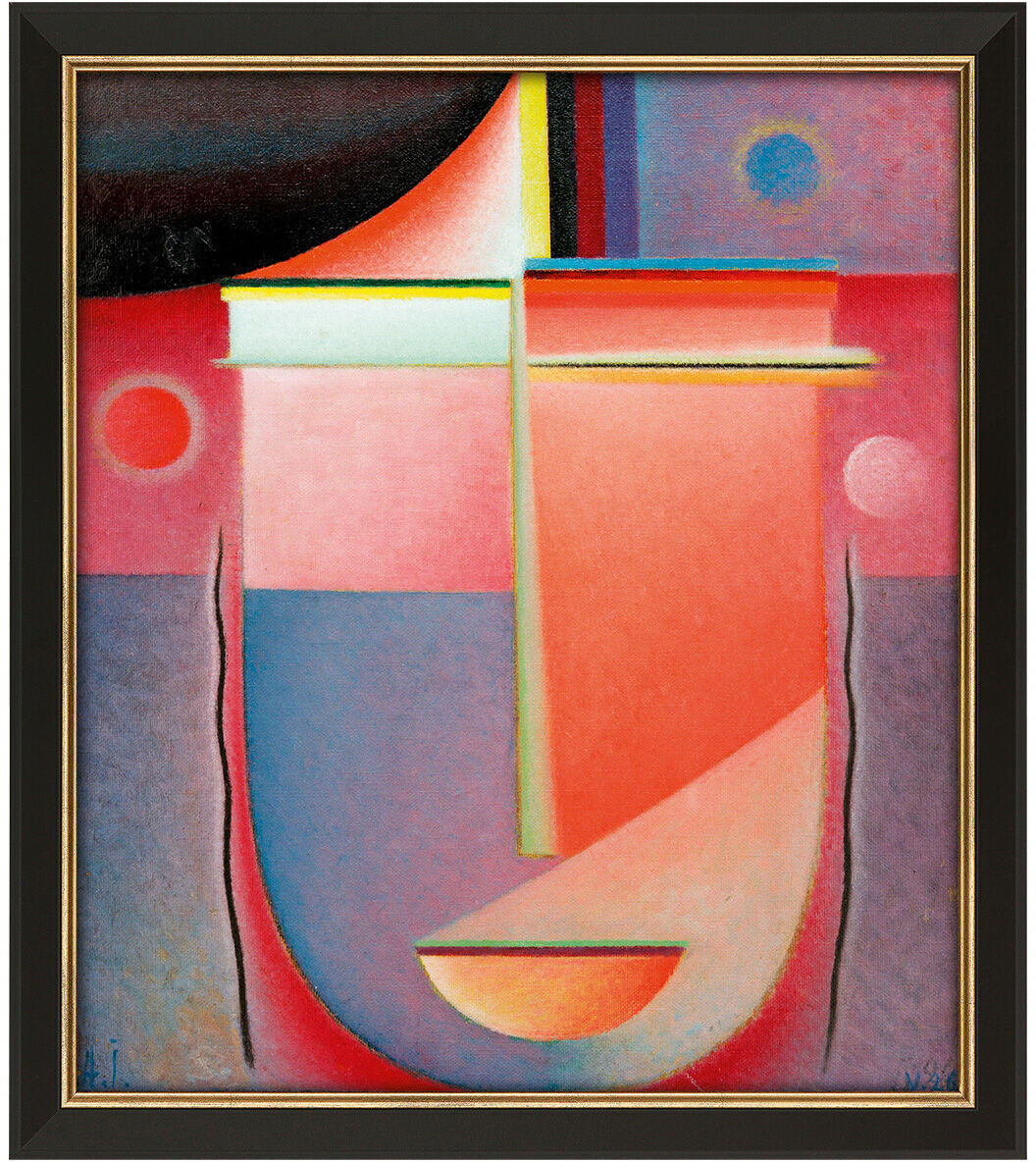 Abstraktes Kunstwerk von Alexej von Jawlensky mit dem Titel »Abstrakter Kopf: Inneres Schauen – Rosiges Licht«, das geometrische Formen und leuchtende Farben wie Rosa, Blau, Gelb, Orange und Rot zeigt und an ein stilisiertes Gesicht erinnert.